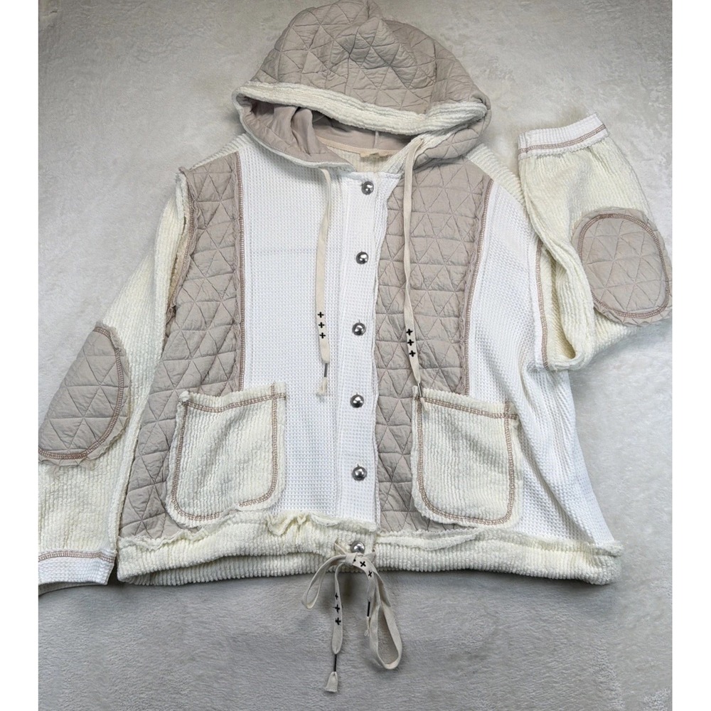 POL Women's Patchwork Quilted Waffle Knit Hooded Jacket M Boho Cottagecore